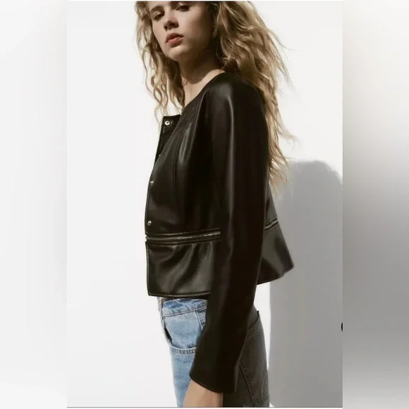 NWT ZARA Black 2 in 1 Faux Leather Snap Jacket Zip Crop Length Sz xs - Picture 8 of 16
